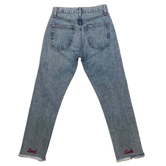 Alice + Olivia AO.LA Amazing Good Luck Slim Girlfriend Jeans 25 Blue Embroidered - Picture 1 of 12